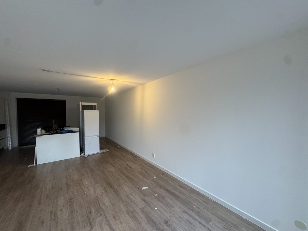 Woonkamer met een laminaatvloer en een lange, strak afgewerkte witte wand